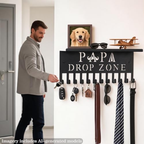 Key Holder for Father - Wall Mounted Organizer with PAPA Design for Father's Day & Birthday, Metal Storage Shelf with 12 Hooks for Entryway, Hallway, Office