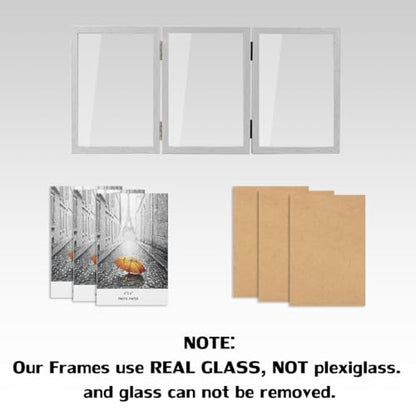 WUTL 3 Picture Frame Triple Collage 5x7 Frames with Real Glass Silver | Trifold Photo Frame, Hinged Foldable, Crystal Clear Real Glass - color: Silver, size: 5x7
