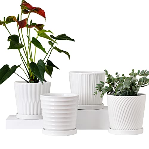 White 6 Inch Flower Pots for Plants,Ceramic Planter with Drainage Holes | 4 Pack Indoor & Outdoor Plant Pots with Saucers | For Indoor Plants, Succulents, Orchids, Herbs | Medium Garden Pots - color: White