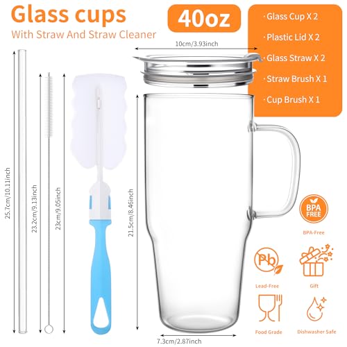 Birity 2Pack 40OZ Glass Tumbler with Handle,Glass Cup with Lid and Straw,Reusable Glass Iced Coffee Cup for Beer, Smoothies, Juice,Hot/Cold Drinks-Suitable for Birthday,Wedding - color: 40 oz 2-pack borosilicate
