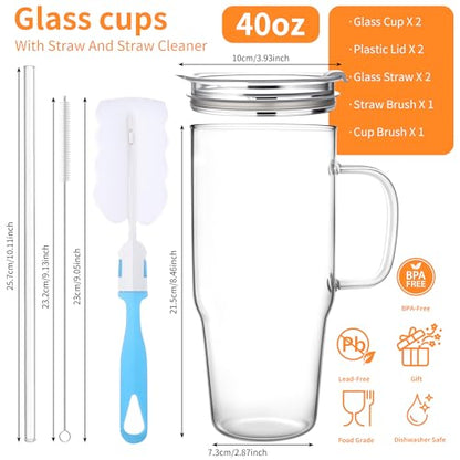 Birity 2Pack 40OZ Glass Tumbler with Handle,Glass Cup with Lid and Straw,Reusable Glass Iced Coffee Cup for Beer, Smoothies, Juice,Hot/Cold Drinks-Suitable for Birthday,Wedding - color: 40 oz 2-pack borosilicate