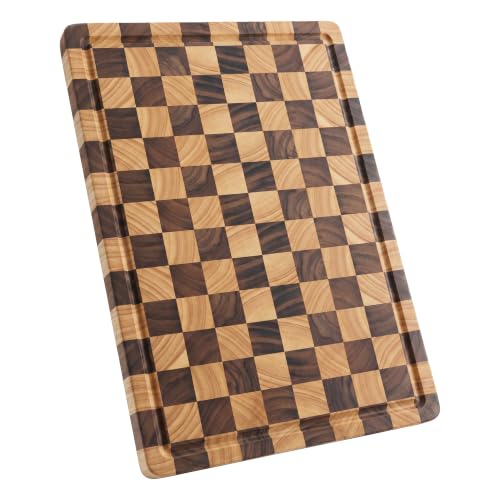 End Grain Checkerboard Cutting Board, Premium Butcher Block with Juice Groove & Built-in Handles, Reversible Wooden Chopping Board for Kitchen Prep, Meat & Charcuterie