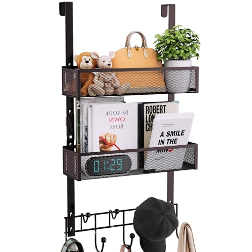 Consumest Over The Door Hooks Organizer - 3 Tier Door Hanger with 9 Coat Hooks & 2 Mesh Basket, Back Storage Organizer Hanging Towels for Bathroom, Bedroom, Bronze - color: Bronze, size: 3 Tier