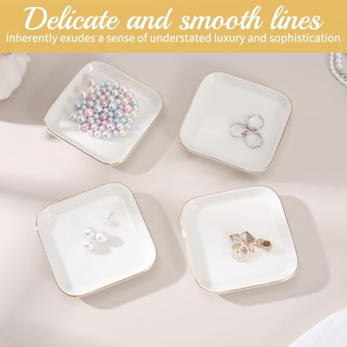 12 Pack Ceramic Jewelry Trays, 4.53 Inch Square Jewelry Dish with Gold Rim, Small Ring Dish Holder for Dresser Vanity, Stackable Decorative Tray, Earring Organizer for Display
