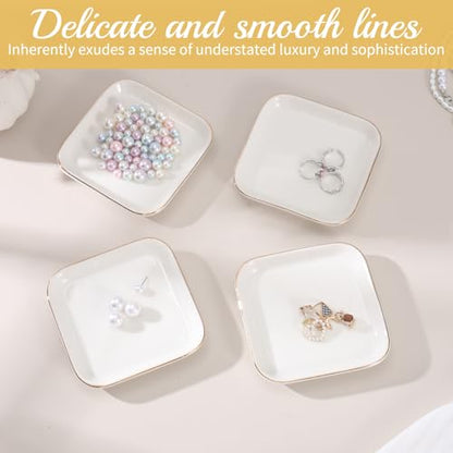 12 Pack Ceramic Jewelry Trays, 4.53 Inch Square Jewelry Dish with Gold Rim, Small Ring Dish Holder for Dresser Vanity, Stackable Decorative Tray, Earring Organizer for Display