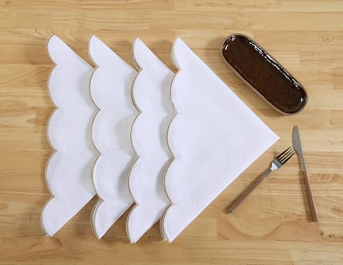 100% Pure Linen Scalloped Embroidery Cloth Napkins 20’’x20’’ for Dinners, Parties, Weddings, Decorative Halloween, Spring, Easter, Set of 4 Pcs, White(Edge-Gold) - color: White(edges-gold), size: Napkins 20''x20'' (Set of 4)