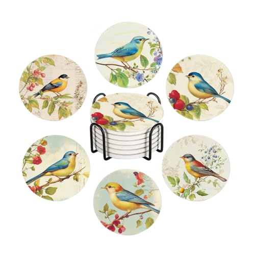 6Pcs Drink Coasters with Holder, Vintage Spring Birds Floral Absorbent Ceramic Drink Coaster with Cork Base, Home Bar Table & Office Decor House Warming Gift - color: Vintage Birds