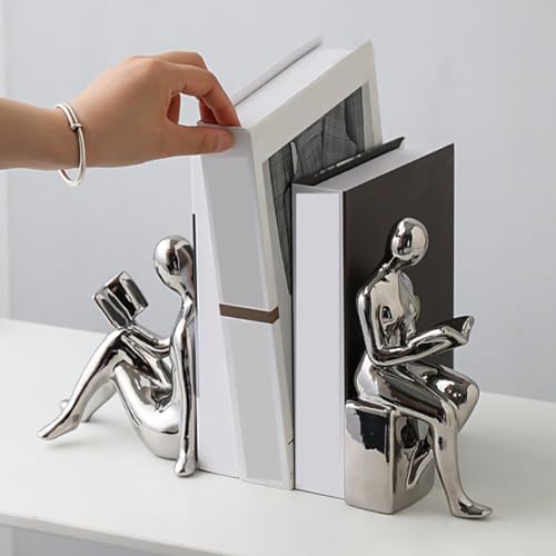 1pair Abstract Reader Statue Bookends Modern Ceramic Home Decor for Bookshelf Office Elegant Reading Figurines for Living Study Artistic Desktop Decoration