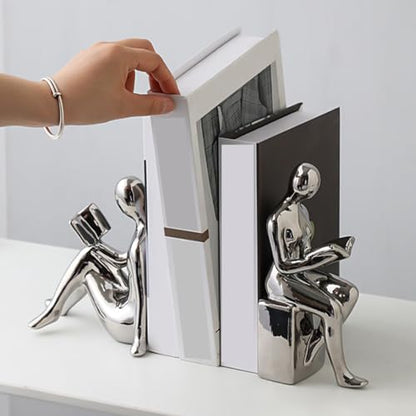 1pair Abstract Reader Statue Bookends Modern Ceramic Home Decor for Bookshelf Office Elegant Reading Figurines for Living Study Artistic Desktop Decoration