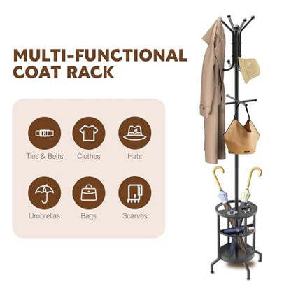 Coat Rack with Umbrella Holder, Coat Rack Freestanding | Metal Coat Tree with 12 Hooks, Coat Hanger Stand for Entryway, Umbrella Coat Rack for Bedroom, Living Room & Office