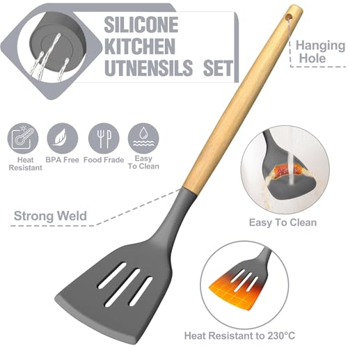 Umite Chef Silicone Kitchen Utensil Set, 34PCS Heat Resistant Kitchen Gadgets and Tools With Grater, Wood Handles for Nonstick Cookware (Dark Gray) - color: Dark Gray