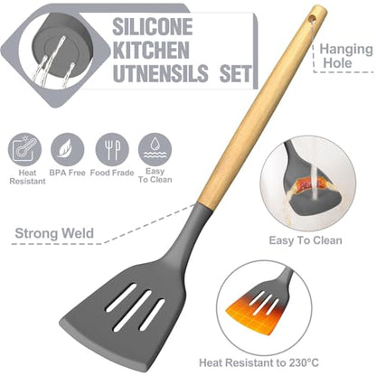 Umite Chef Silicone Kitchen Utensil Set, 34PCS Heat Resistant Kitchen Gadgets and Tools With Grater, Wood Handles for Nonstick Cookware (Dark Gray) - color: Dark Gray