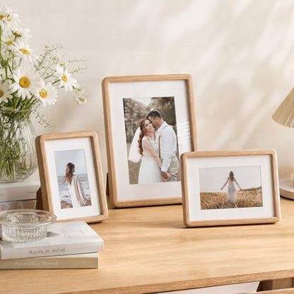 Acovy 4x6in Picture Frame, Natural Solid Oak | Handcrafted Wooden Photo Frame, Dual Use for Tabletop & Wall Mount, Matted to Fit 3.5"x5" Photos, HD Tempered Glass - color: Oak, size: 4x6in