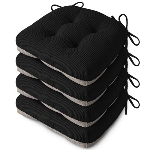 Anti Slip Kitchen Chair Cushions Set of 4 18"X16.5"X3" Black | Elegant Breathable Textured Fabric, with Ties, Tufted, Thick Polyester Filling, for Dining Chairs, Folding Chairs, Office - color: Black