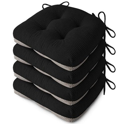 Anti Slip Kitchen Chair Cushions Set of 4 18"X16.5"X3" Black | Elegant Breathable Textured Fabric, with Ties, Tufted, Thick Polyester Filling, for Dining Chairs, Folding Chairs, Office - color: Black