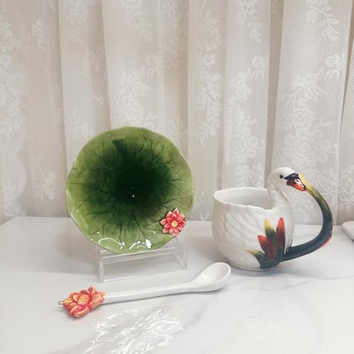 Ceramic Tea Cup and Saucer Set ，6OZ 3D Hand-painted Swans and Lotus Leaves Coffee Mug，Gift for Women