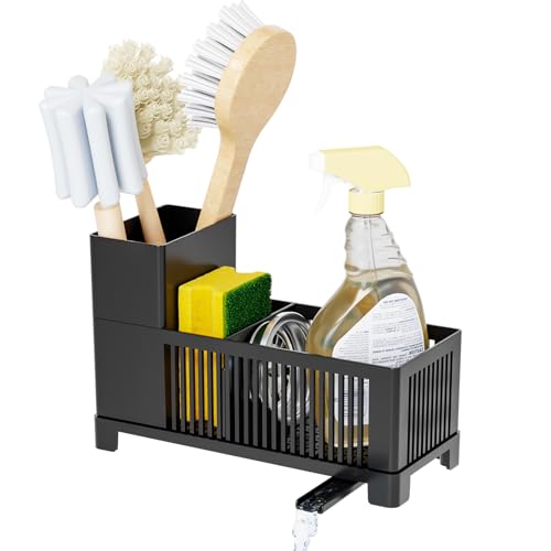 Sink Caddy & Kitchen Sink Organizer,Black Sponge Holder with High Scrub Brush Holder,Plastic Kitchen Countertop Organizer,Multifunctional Sponge Drain Rack,Dish Soap,Dish Sponge Holder,Soap Dispenser - color: Black