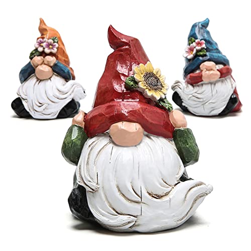 Hodao Spring Gnome Decor Set of 3, Resin Three Wise Gnomes Figurines with See No Evil Hear No Evil Speak No Evil Design, Floral Tiered Tray Shelf Table Accent, Farmhouse Gift Idea - style: Three Wise Gnom-2