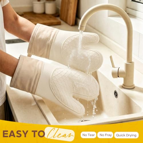 Silicone Oven Mitts 2 PCS, Heat Resistant Non-Slip Cotton Lining for Baking | 11.3 "x 7" 500 ° F White