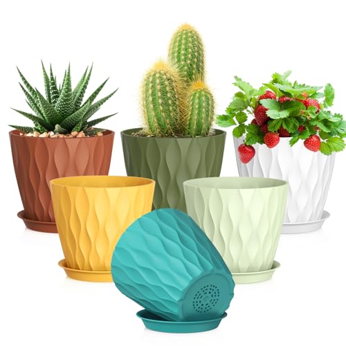 Meowell 5 inch Plant Pots for Indoor Outdoor Plants, 6 Pack Thick Nursery Pots with Drainage Holes and Saucers, 3D Modern Wave Texture Small Plastic Planter Flower Pots, Multicolor - color: Colorful, size: 5'' 6pcs