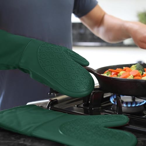 BPA-Free Silicone Oven Mitts Ultra Heat Resistant up to 500°F - Oven Mitts with Thick Cotton Liner - Long Slip Resistant Pot Holders, Flexible Oven Gloves - Green 13.7" - color: Green, size: 2-Piece 13.7" Oven Mitts