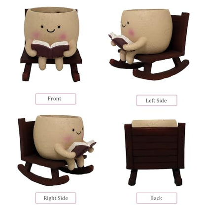 Dolkgy Cute Face Planters Succulent Pots, Funny Rocking Chair Reading Head Flower Planter Cactus Pot with Drainage Hole for Indoor Outdoor Plants, Unique Plant Lover Gifts - color: Khaki Chair Planter