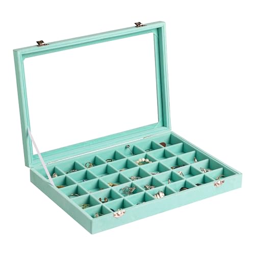 35 Grid Earring Organizer,Velvet Jewelry Tray with Clear Lid | Drawer Jewelry Organizer for Rings Studs Beads,Adjustable Dividers,Dustproof Design,Earring Storage,Trinket Box,13.8×9.5Inch - color: Turquoise, size: 35 Grid
