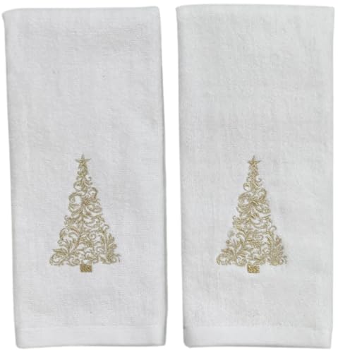 Decorative Christmas Theme Towel Set: Luxury Bathroom Plush Velour Cotton Hand Towels of Gold Embroidered Tree, Set of 2 - color: Gold Tree