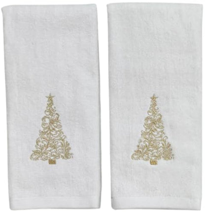 Decorative Christmas Theme Towel Set: Luxury Bathroom Plush Velour Cotton Hand Towels of Gold Embroidered Tree, Set of 2 - color: Gold Tree
