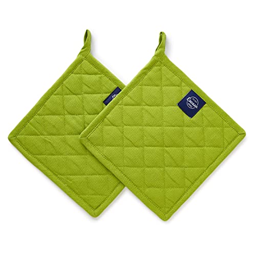 Encasa XO Pot Holders, Quilted Kitchen Hot Pads 8"x8" Lime Green | 100% Heavyweight Cotton | Quilted Insulation | Multipurpose Trivets & Hot Pads | Hanging Loop | Set of 2 - color: Lime Green