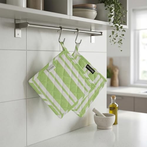Encasa XO Pot Holders, Quilted Kitchen Hot Pads 8"x8" Franca Lime Stripes | 100% Eco-Friendly Cotton | Thick Cotton Padding Insulation | Convenient Hanging Loop | Set of 2 - color: Franca Lime Stripes
