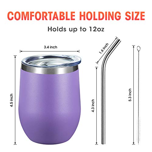 COMOOO Stainless Steel Wine Tumbler Bulk with Lid and Straw 12oz Double Wall Vacuum Insulated Travel Tumbler Cup Stemless for Hot and Cold Drinks, Coffee, Wine, Cocktails (Light Purple, 8 Pack) - color: Light Purple