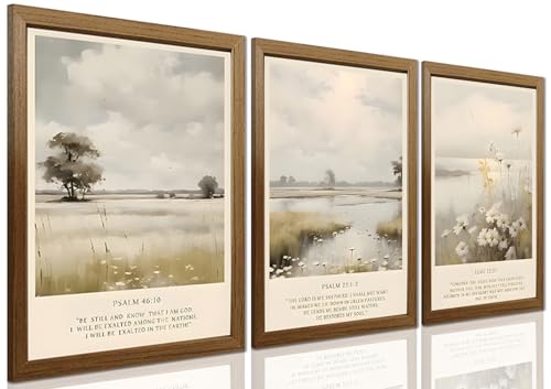 Set of 3 Christian Wall Art 12x16 Inch Framed Canvas Prints, Bible Verse Scripture Decor with Solid Wood Frame, Psalm 46:10 Psalm 23 Luke 12:27 Religious Farmhouse Wall Decor for Living Room Bedroom - color: jingwen, size: 16"L x 12"W