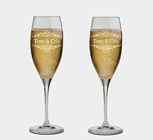 Set of 2 Personalized Wedding Champagne Flutes with Box - Mr and Mrs Design - Engraved Champagne Glasses for Bride and Groom Flutes for Wedding - color: Wedding-09, style: Glasses + Gift Box