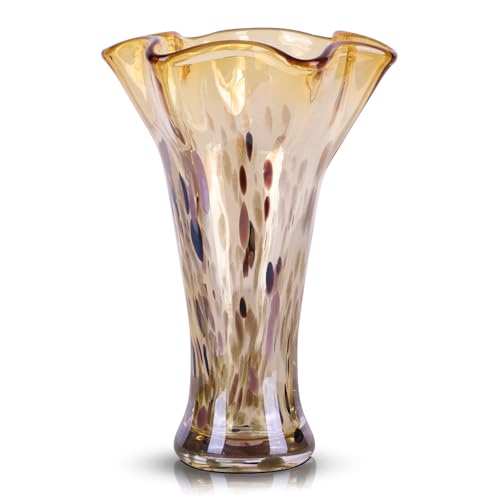 9.0" H Amber Glass Vases for Flower, Unique Hand Blown Glass Vase | Wide Mouth Colorful Flower Vase for Bouquet or Centerpieces, Coastal Vases for Living Room Table Bookshelf, Shelf Decorative - color: Gold Amber