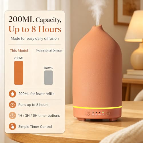 200ML Ceramic Essential Oil Diffuser for Home, Stone Diffuser | Ultrasonic Aromatherapy Diffuser & Air Humidifier for Bedroom, Office, Yoga, 7 LED Lights, Auto Shut-Off, 3 Timers, Brown - color: Brown