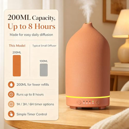 200ML Ceramic Essential Oil Diffuser for Home, Stone Diffuser | Ultrasonic Aromatherapy Diffuser & Air Humidifier for Bedroom, Office, Yoga, 7 LED Lights, Auto Shut-Off, 3 Timers, Brown - color: Brown