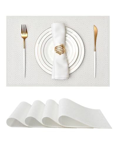 Leetaltree Woven Vinyl Placemats Set of 6, White Sequin | Waterproof & Washable Dining Table Mats for Wedding, Anniversary, Daily Use, Hand-Cut, Easy to Clean - color: 00- White Sequin, size: Set of 6