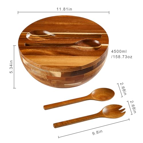 JOYMAY Salad Bowls Wood Salad Bowl Set with Lid 11.8 Inch Large Wooden Bowls Set Acacia Wood Serving-Bowl with Serving Utensils Bowl for Kitchen, Dining, Party - color: 11.8 Inch Large Wooden Bowls
