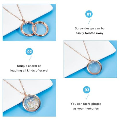 4pcs Photo Locket Charms Necklace Round Stainless Steel Locket Pendants Crystal Double-Sided Picture Frame Memory Locket Charm with 17.7inch Chain for Wedding Jewellery Making Photo - color: Rose Gold