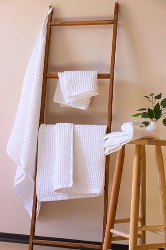 PÜSKÜL - Premium Waffle Towel Set 4 Pieces White - Organic 100% Turkish Cotton Quick-Dry Towels for Bathroom Made in Turkiye (White, Towel Set - 2 Hand & 2 Bath Towels) - color: White, size: Towel Set - 2 Hand & 2 Bath Towels