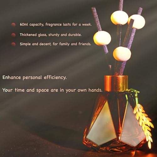 Meinvcisi 4 Empty Fragrance Glass Diffuser Bottles, Refillable Diffuser Bottles with 20pcs Reeds Sticks &12 Wood Balls&4 Metal Leaves, Reed Diffuser Set, Diamond Style,60ML, Gradient Brown.