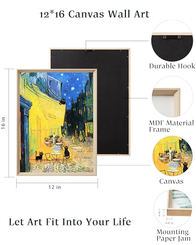UPWOIGH Classic Art Black Cat Framed Wall Art, 12 x 16 Inch, Set of 3 | Matisse and Van Gogh Inspired Scenes, Colorful Black Cat Prints, Beige Oak Wood Frames for Bedroom, Office and Gallery Wall - color: Pink and Yellow
