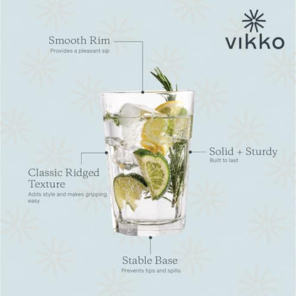 Vikko Large Drinking Glasses, 14 Ounce Glass Cups, Durable Glasses Drinking Set of 12, Stackable Water Glasses, Highball Glasses, Heavy Base Tumblers & Water Glasses, Dishwasher Safe Cups for Kitchen - style: 14 Ounce- Set of 12