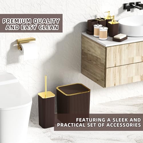 XLHOMO Bathroom Accessories Set - Gorgeous Bathroom Set, 10PC Brown Bathroom Accessories, Bathroom Accessory Set, Toilet Brush, Trash Can, Qtip Holder Dispenser & Soap Dispenser - size: Bath Set, style: Brown&Gold