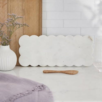 Mud Pie Scallop Marble Board Set, White, 12" x 5" | Scalloped Cutting Board for Charcuterie