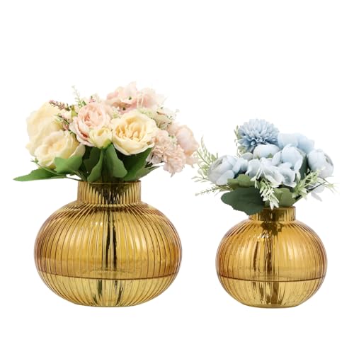 Amber Glass Vases for Tulips, Set of 2, Flower Vases for Bouquet, Ribbed Glass Vase for Flowers, Short Vase for Living Room, Office, Coffee Table, Shelf, Wedding - color: Amber, size: Round+Medium