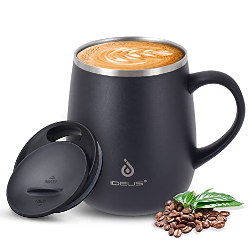 Ideus 16 oz Insulated Coffee Mug with Handle and Lid, Double Wall Stainless Steel Vacuum Thermal Coffee Mug, Travel Coffee Cup Thermal Cup for Home and Office (Storm Black, FUJI DAWN) - color: Storm Black