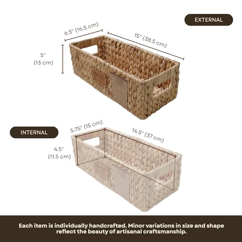 Water Hyacinth Toilet Paper Basket – Long Narrow Woven Storage Basket for Toilet Tank Top, Bathroom Counter & Shelf – Handwoven, Steel-Reinforced Rim – 15" x 6.7" x 5" (Fits 3 Rolls) - size: Long: 15x6.7x5"