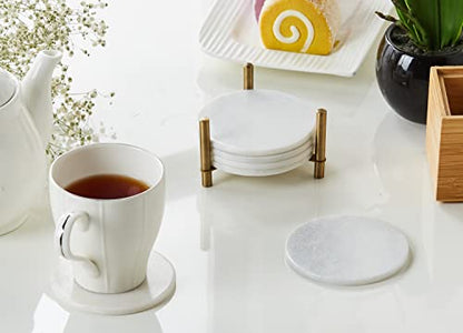 Queenza Marble Coasters for Drinks, Natural Stone Coasters Set for Coffee Table, Bar, Dining & Home Decor, Set of 6 Sleek 3.5-Inch, 5 mm Thick Tiles with Metal Holder, Polished from Both Sides